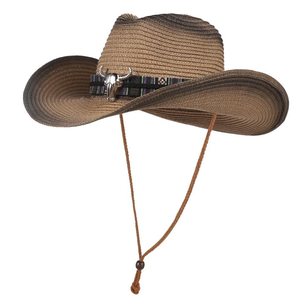 7683 Straw Cowboy Cowgirl Hat Wide Brim Woven Western Cap UPF 50+ Beach Sun